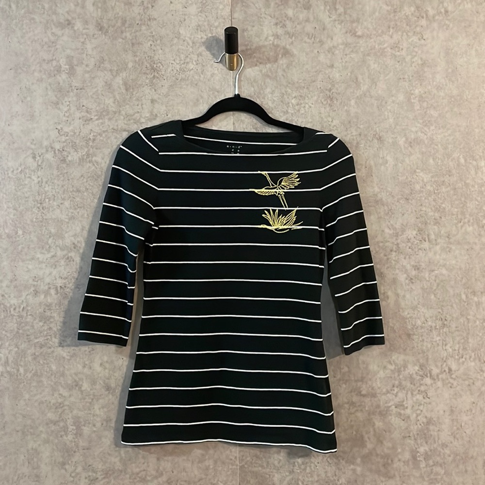 A New Day Cotton Black & White Striped Gold Embroidered Crane Long Sleeve Blouse